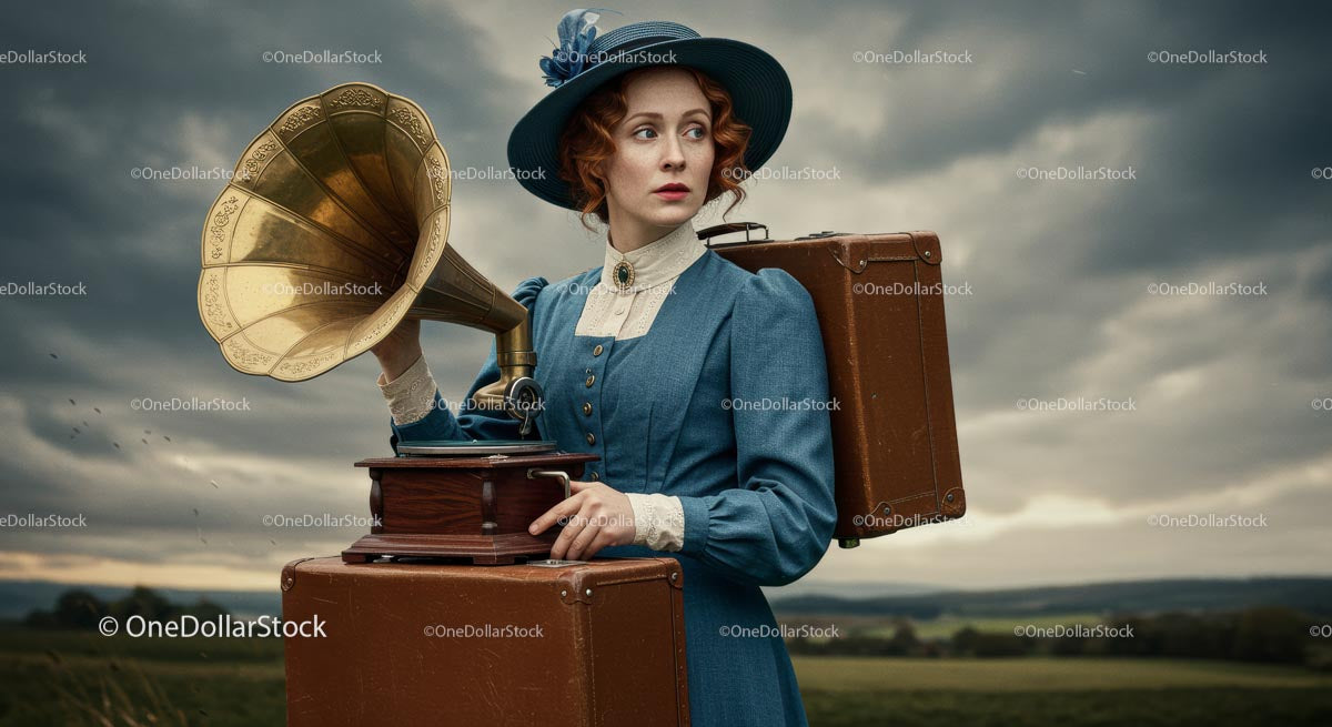 Edwardian Woman with Gramophone and Suitcases in Countryside