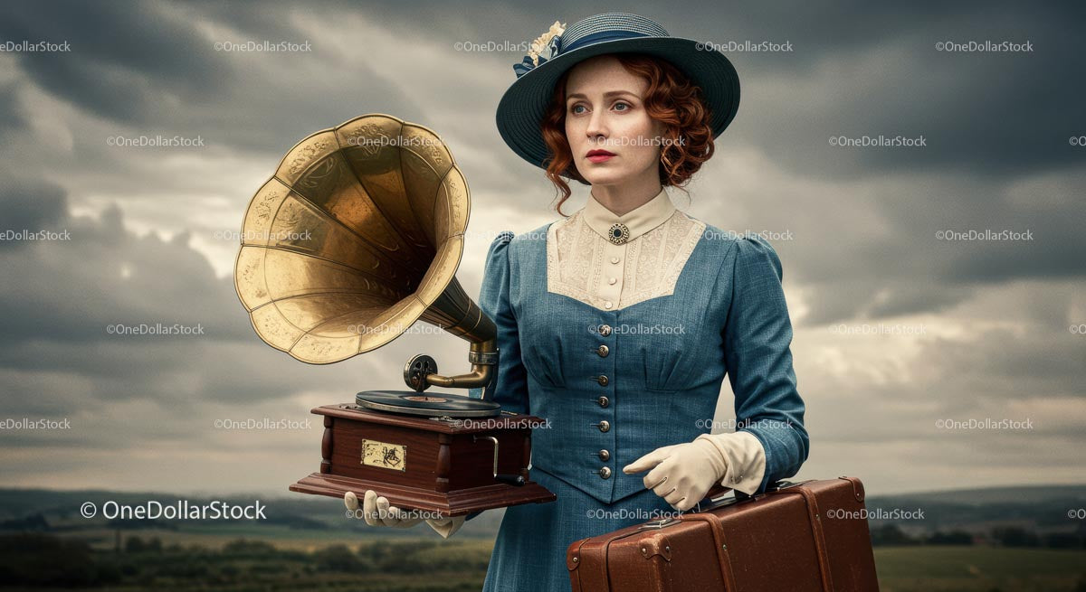 Vintage Woman with Gramophone in Retro Style