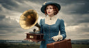 Vintage Woman with Gramophone in Retro Style