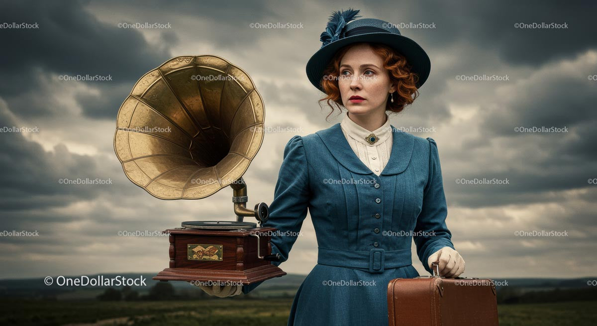 Vintage Woman with Gramophone in Countryside Setting