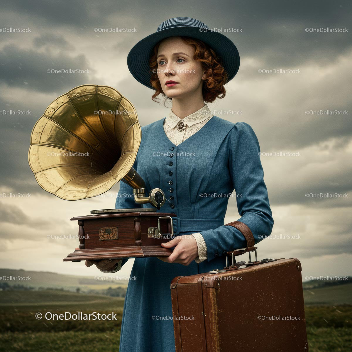 Vintage Woman with Gramophone in Countryside Setting