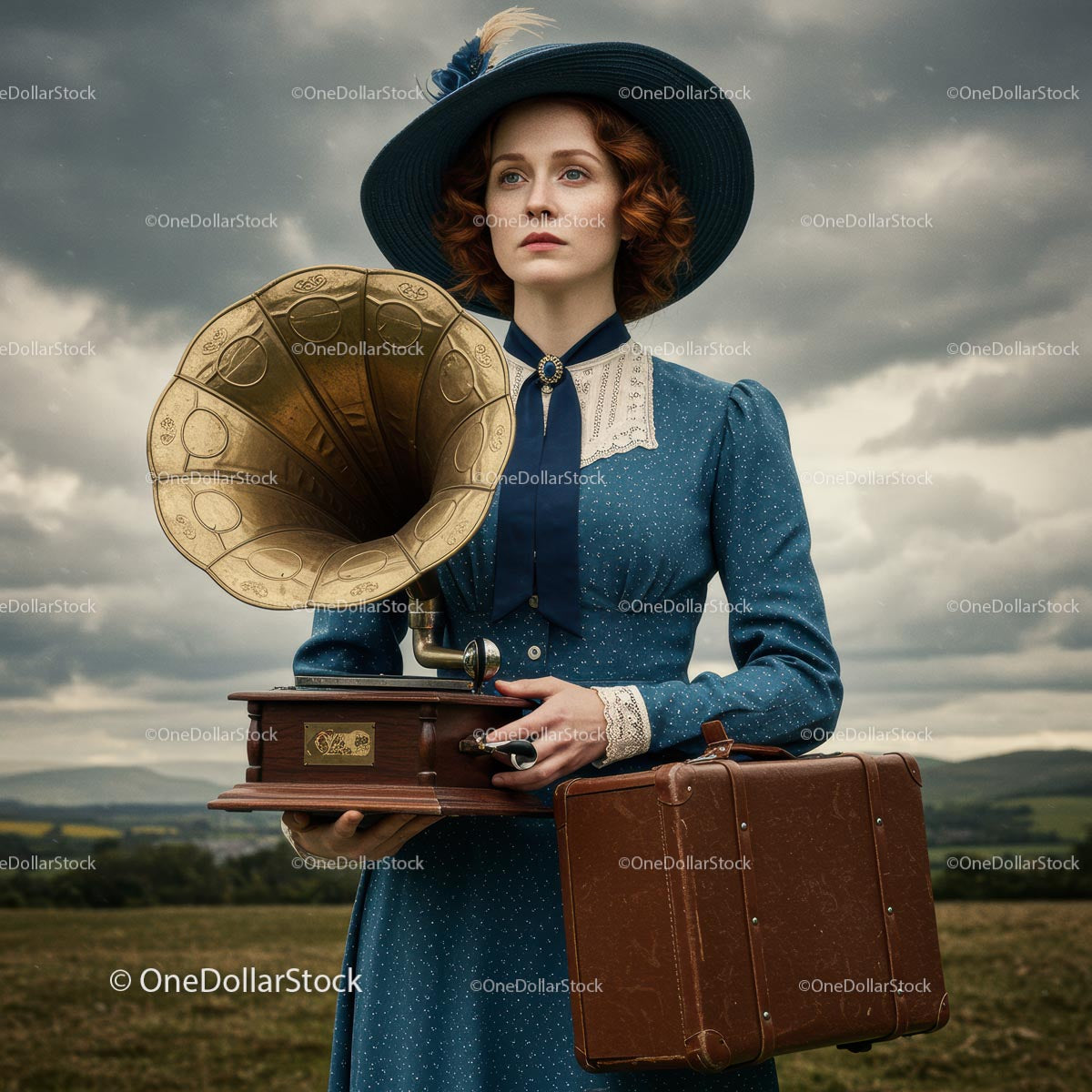 Vintage Elegance Woman with Gramophone in Countryside