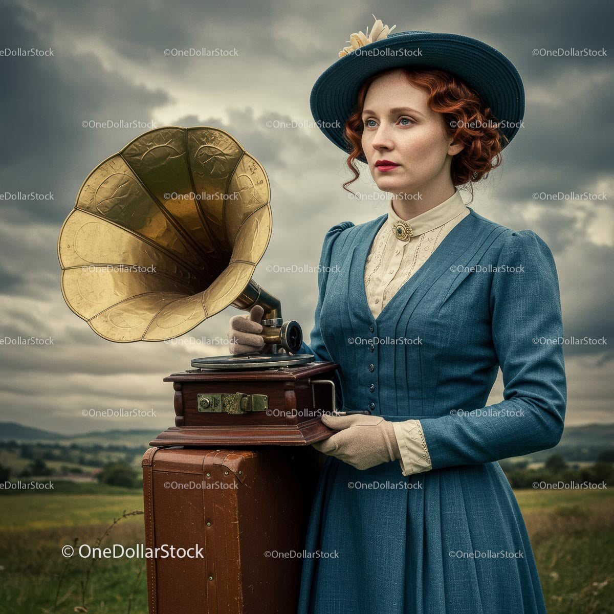 Woman in Vintage Attire with Gramophone in Countryside