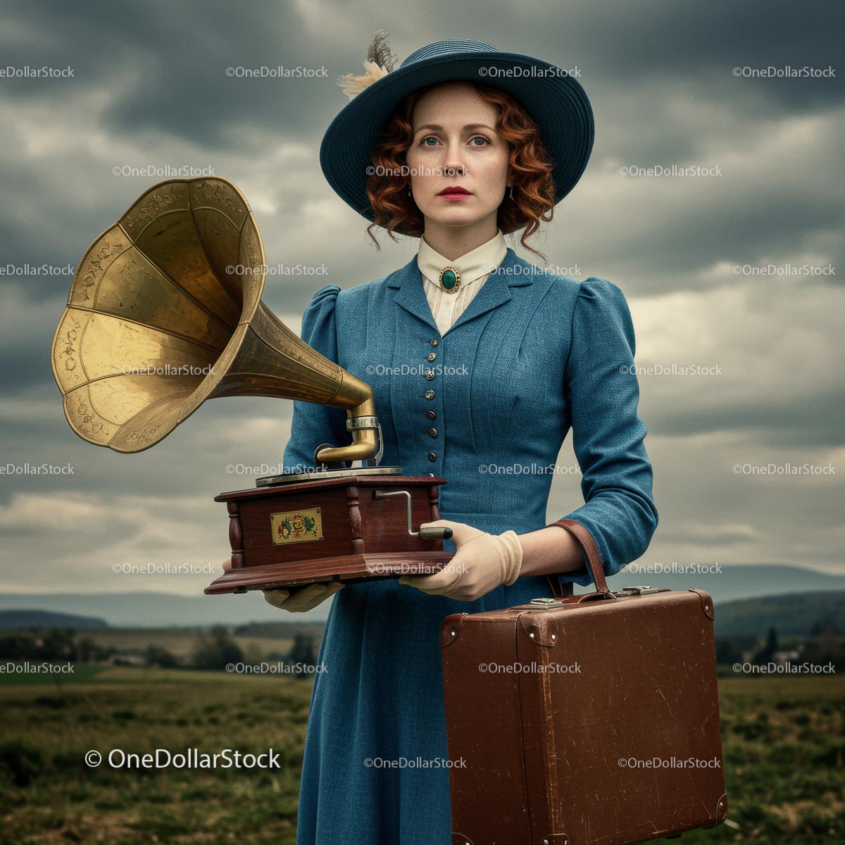 Woman in Blue Dress Holding a Vintage Gramophone