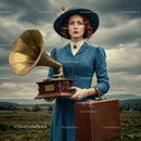 Woman in Blue Dress Holding a Vintage Gramophone