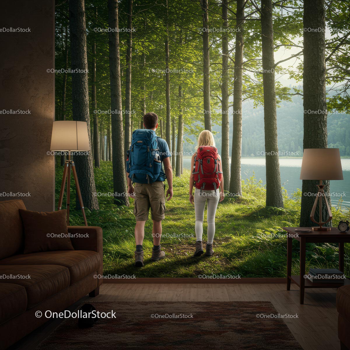 Couple Hiking Through Tranquil Forest Landscape