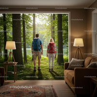 Two Hikers Enjoying Forest View from Modern Living Room