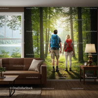 Hiking Duo in Lush Forest Mural and Cozy Living Room