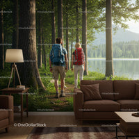 Couple Hiking Through Scenic Forest by Tranquil Lake