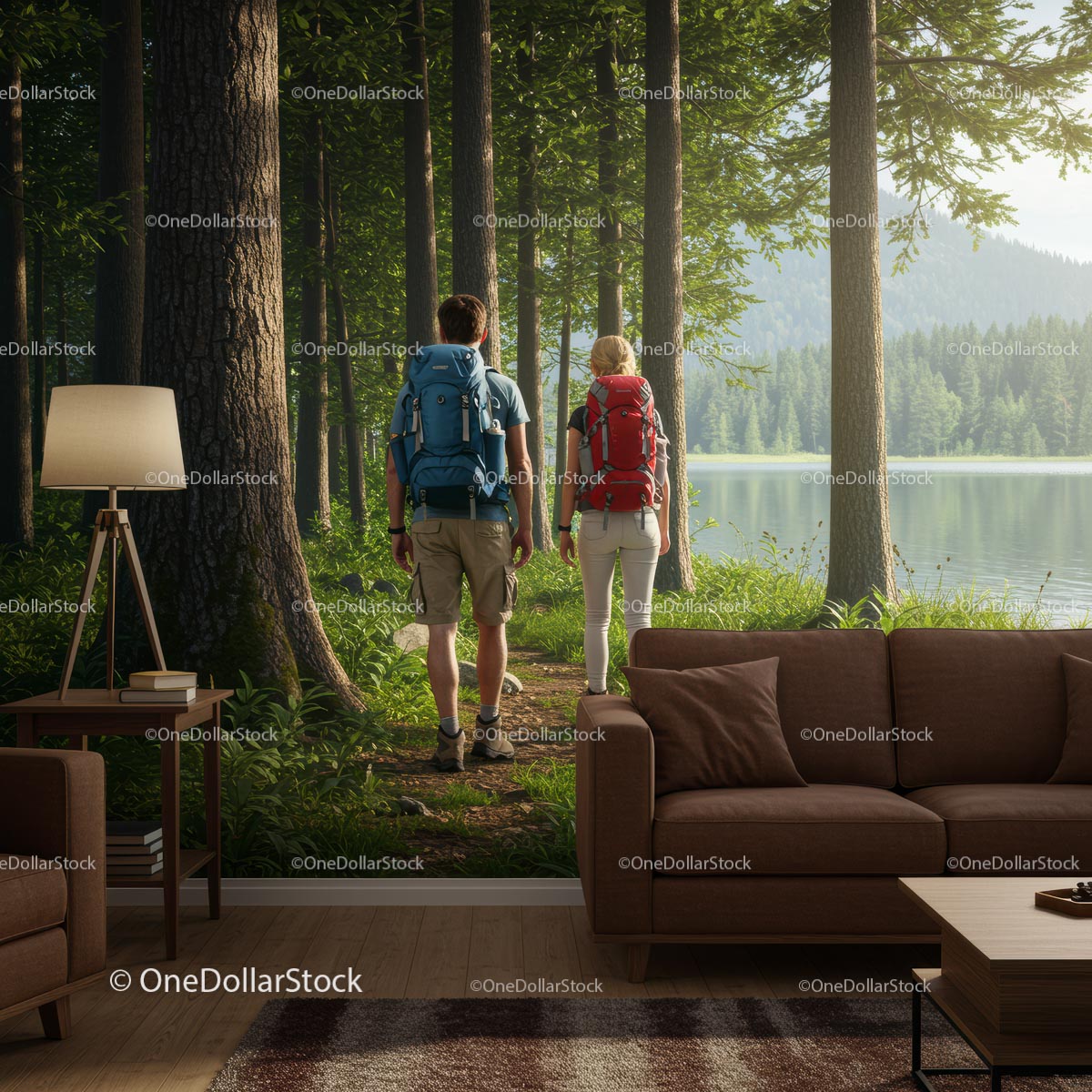 Couple Hiking Through a Sunlit Forest