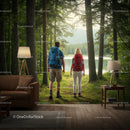 Couple Hiking in Lush Forest with Scenic Lake View