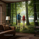 Couple Hiking in Forest with Scenic Lake View