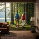 Couple with Backpacks Enjoying Forest View from Living Room