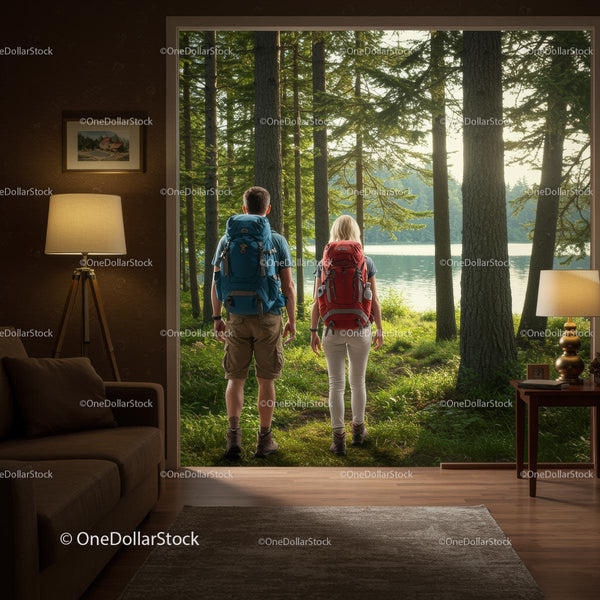 Couple with Backpacks Exploring Forest from Cozy Living Room