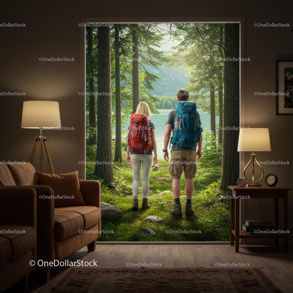 Couple Hiking Through a Sunlit Forest
