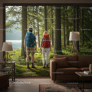 Hikers Viewing a Scenic Forest Landscape from Modern Interior