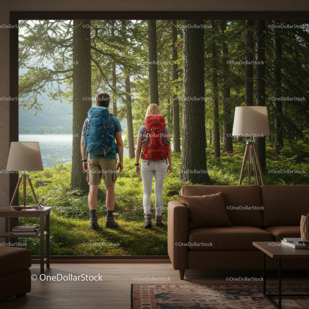 Couple Hiking Through a Sunlit Forest