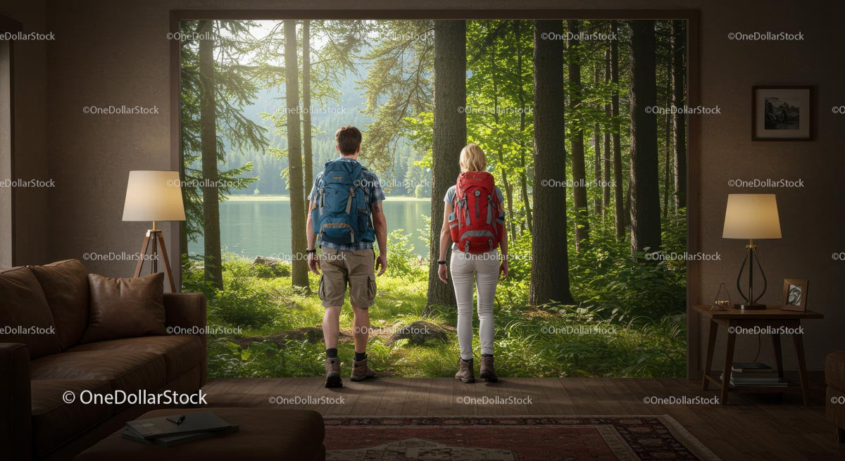Couple Admiring Forest View Through Large Window