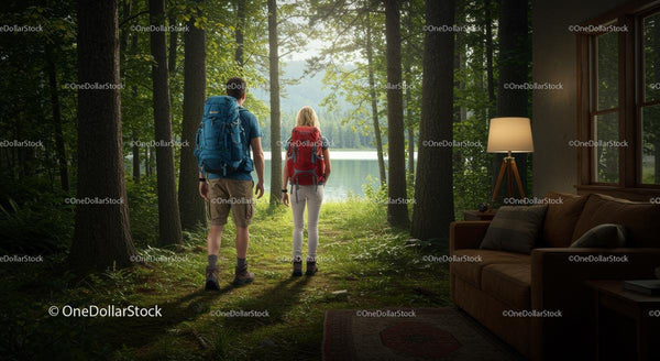 Couple Hiking Through Scenic Forest Towards Tranquil Lake