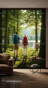 Couple Hiking Through a Sunlit Forest