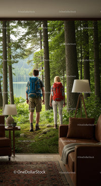 Couple Hiking Through a Sunlit Forest