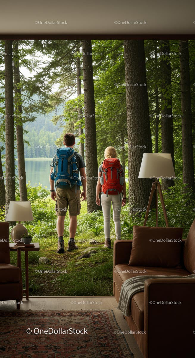 Couple Hiking Through a Sunlit Forest