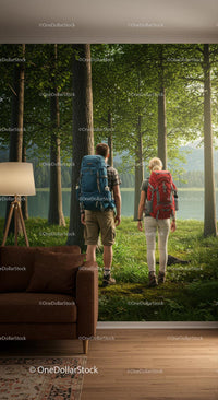 Couple Hiking Through a Sunlit Forest