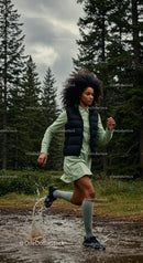 Athletic Woman Running Through Rainy Forest Path