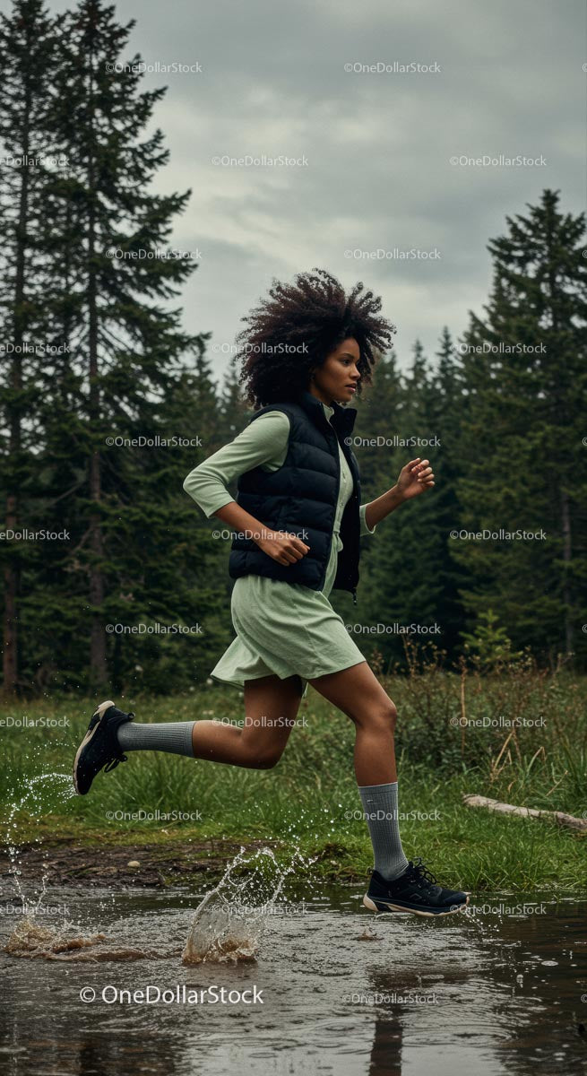 Woman Running Through Forest Trail with Energy