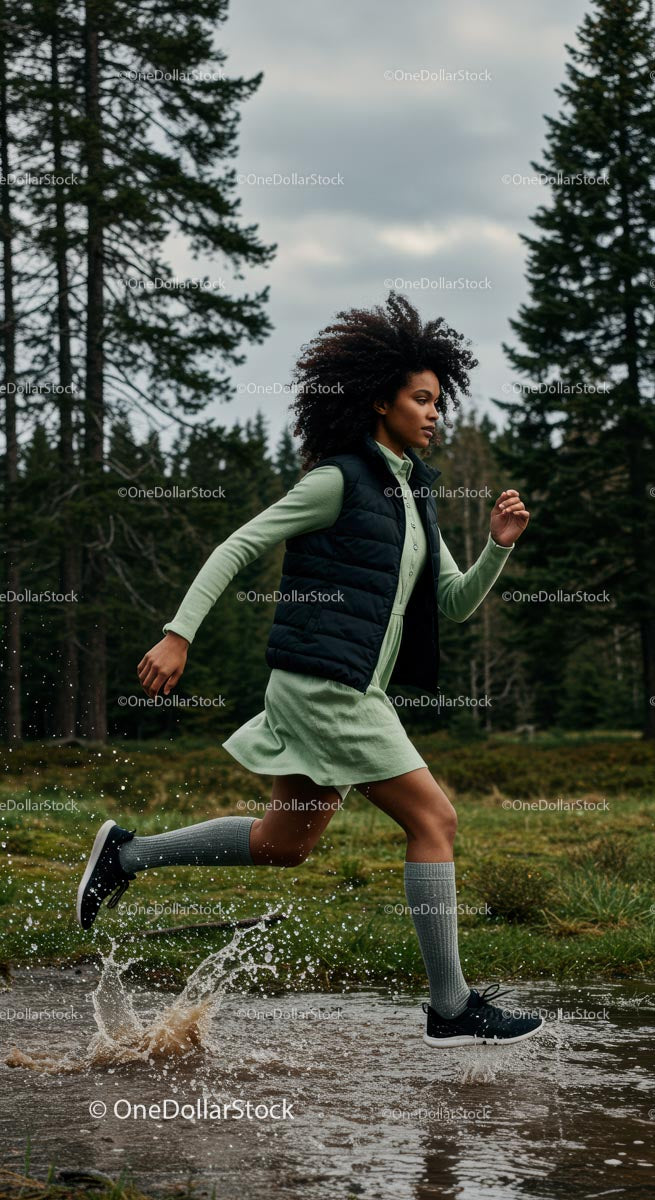 Woman Running Through a Forest Trail with Energetic Splash