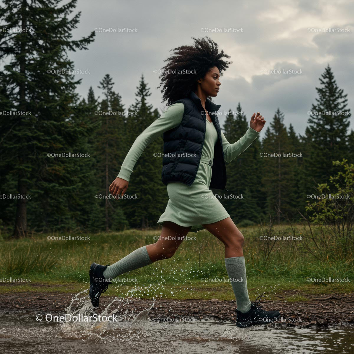 Woman Running Through Forest in Casual Green Dress