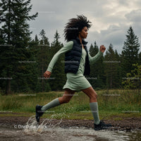 Woman Running Through Forest in Casual Green Dress