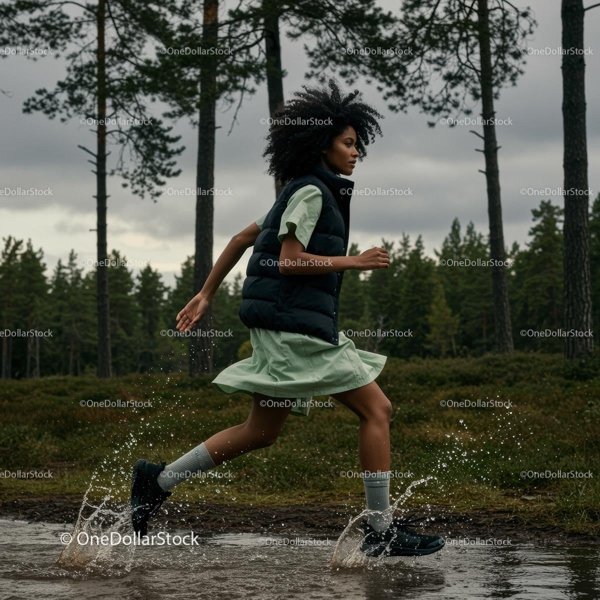 Woman Running Through Forest in Green Dress with Water Splashing