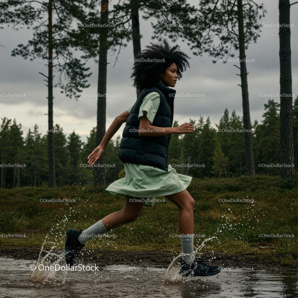 Kobieta biegnąca przez las w zielonej sukience z rozpryskującą się wodą