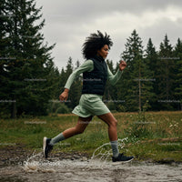 Energetic Woman Running Through Forest Trail