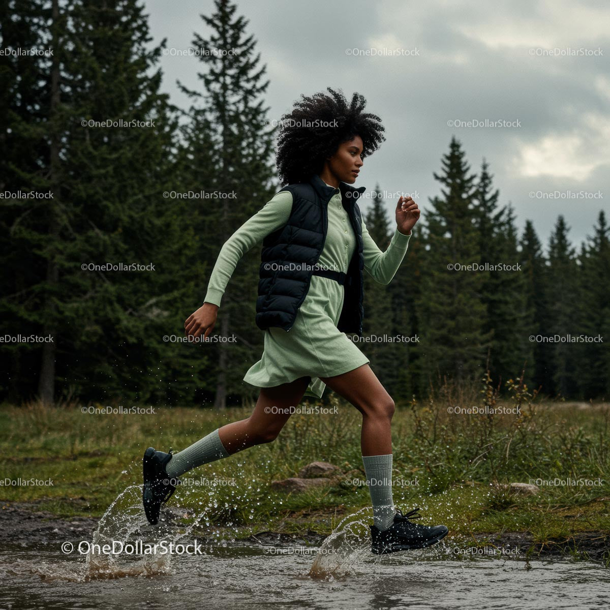 Woman Running Through a Forest Trail with Energetic Splash