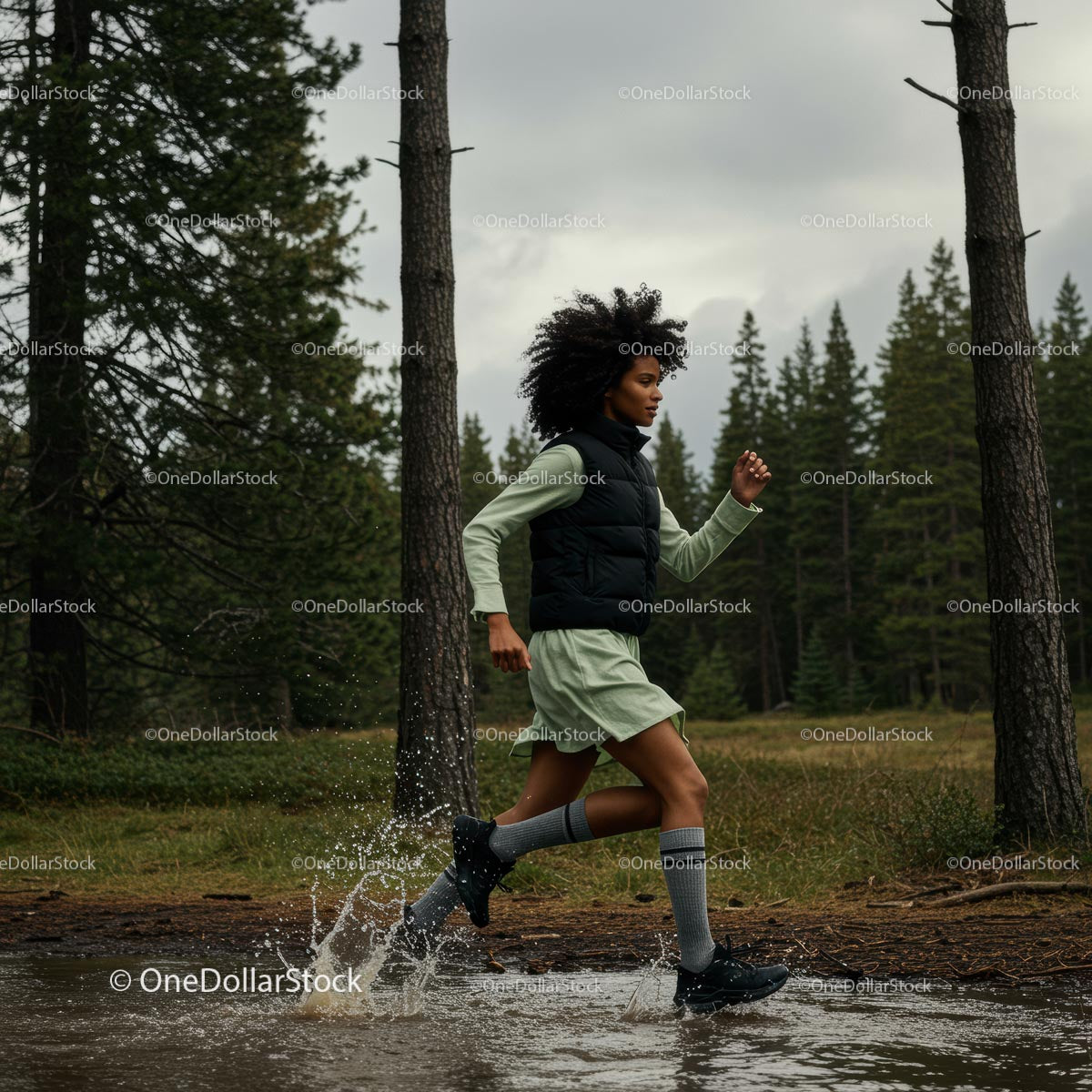 Woman Running Through a Forest Trail with Energetic Splash