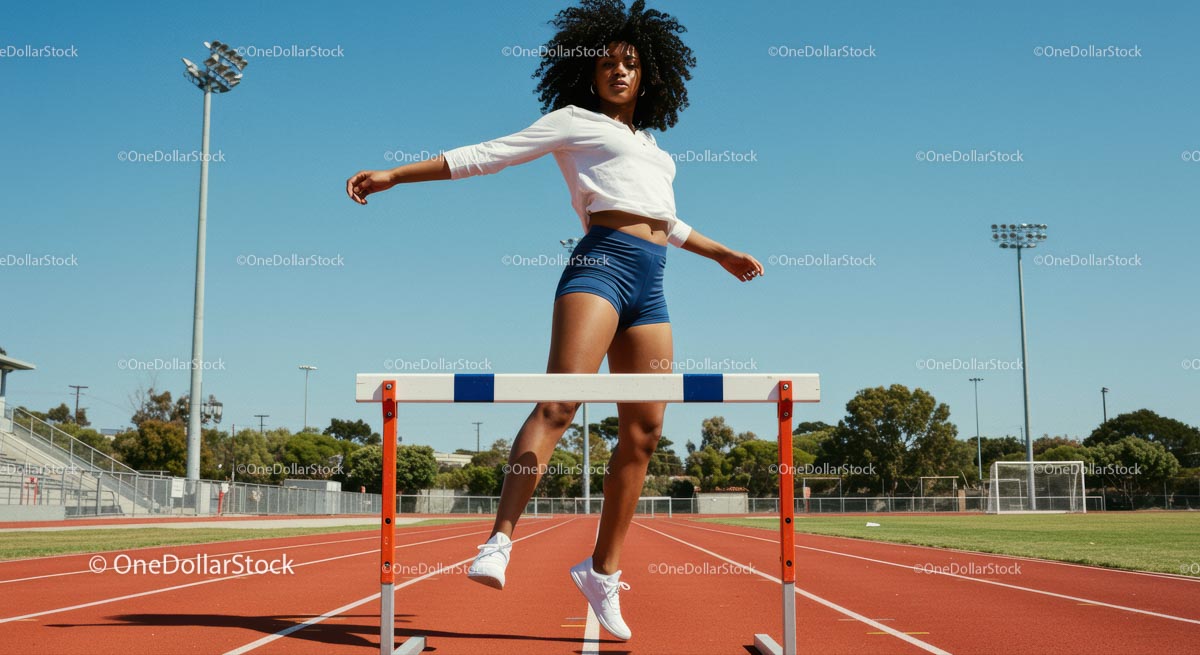 Female Athlete Overcoming Hurdles on Sunny Track