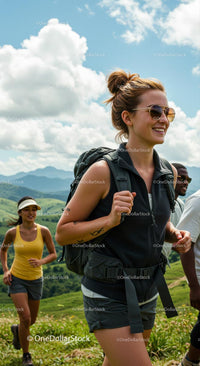 Young Woman Hiking in Sunny Mountain Landscape