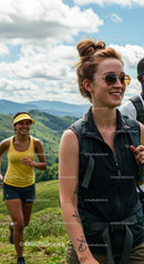 Two Women Hiking Along a Scenic Mountain Trail