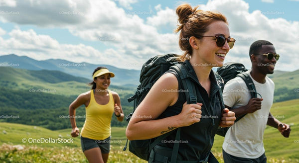 Group of Friends Hiking Through Lush Green Mountains