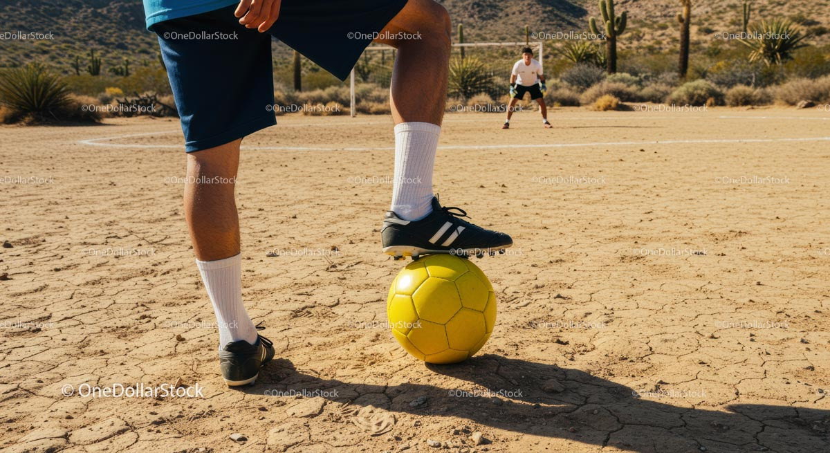 Desert Soccer Scene with Yellow Ball and Players