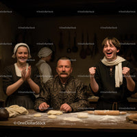 Family Baking Bread in Vintage Kitchen