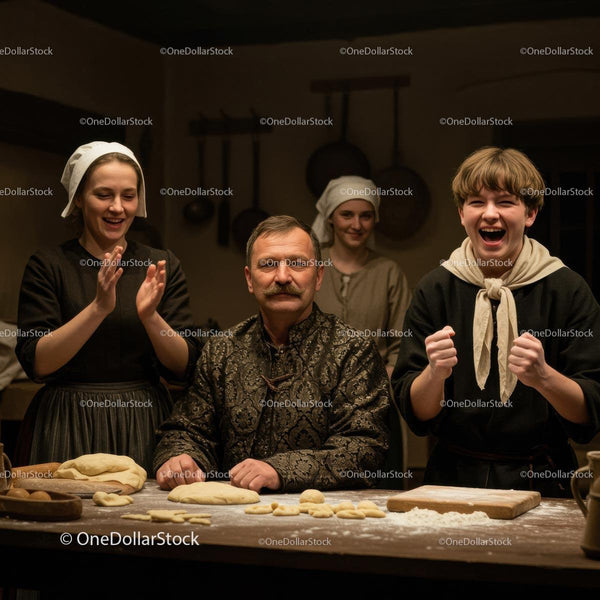 Family in Vintage Attire Preparing Homemade Bread