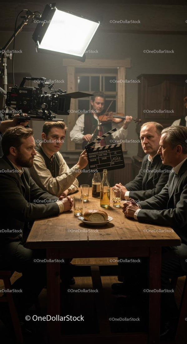 Vintage'owy plan filmowy z aktorami i klasyczną atmosferą