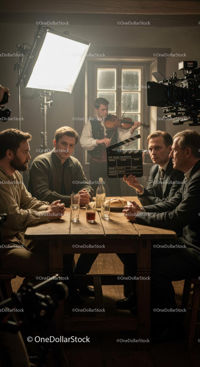 Vintage Film Set with Actors and Violinist