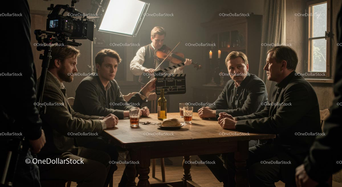 Vintage Film Set with Actors and Violinist
