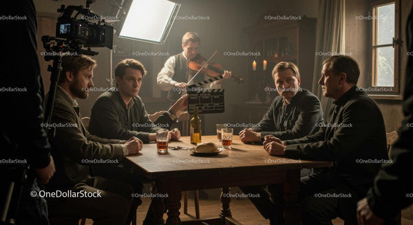Vintage Film Set with Actors and Violinist