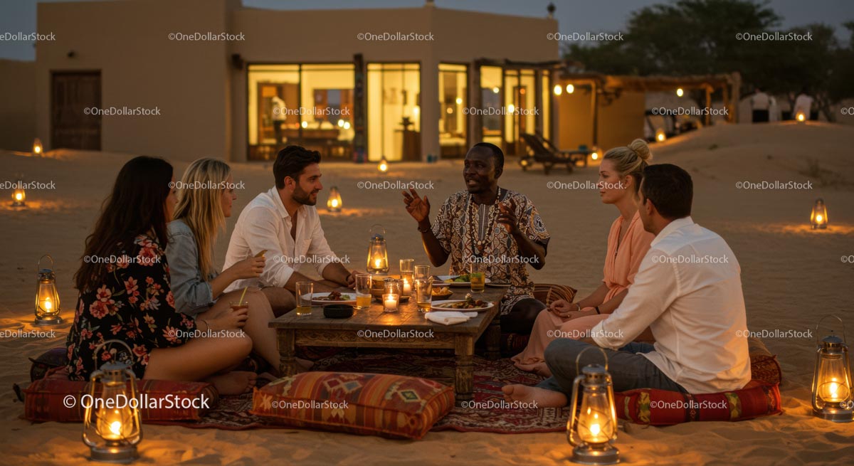 Evening Gathering with Friends by Lantern Light in the Desert