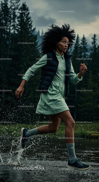 Young Woman Running Through Forest Creek